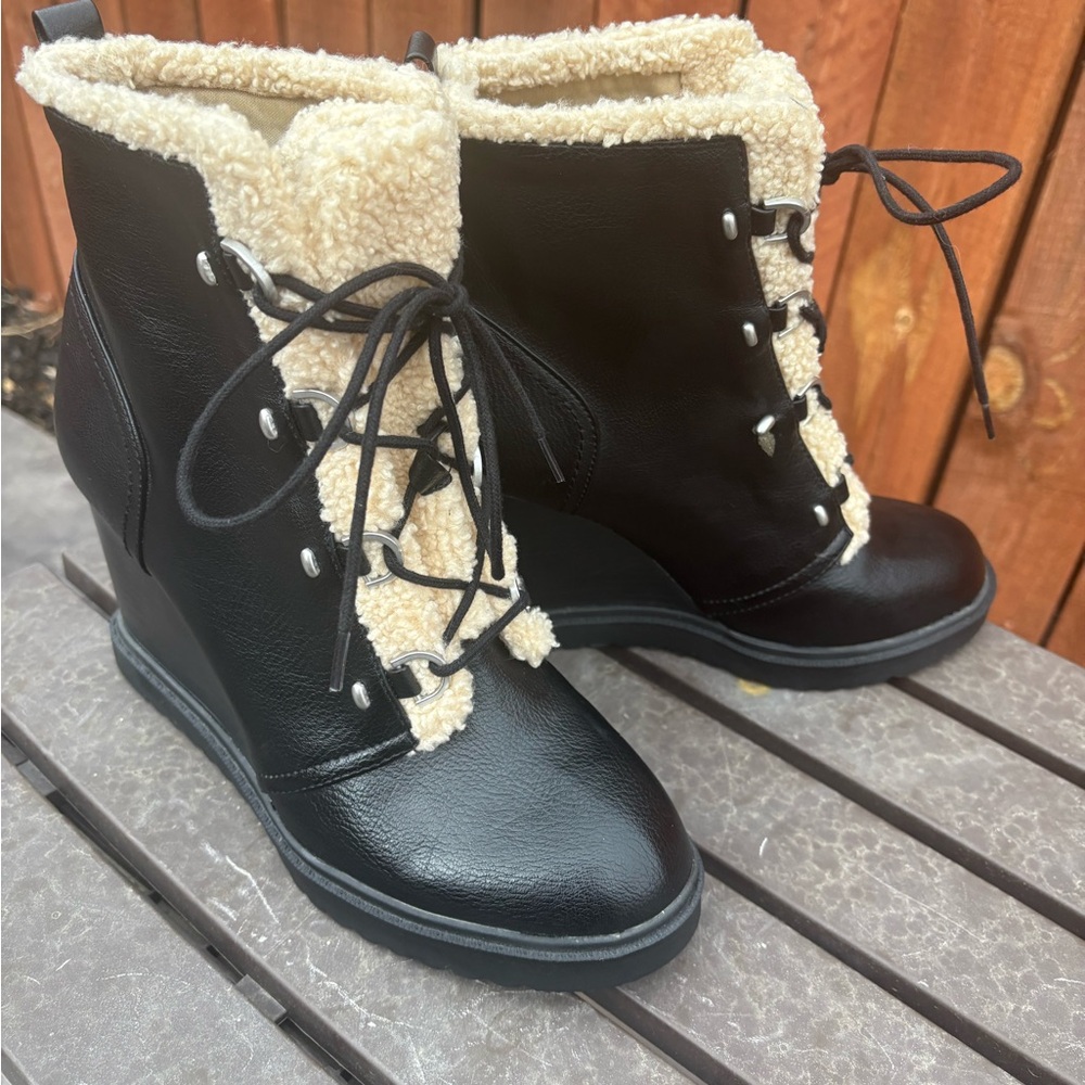 Black and Cream Women's Lace-Up Boots